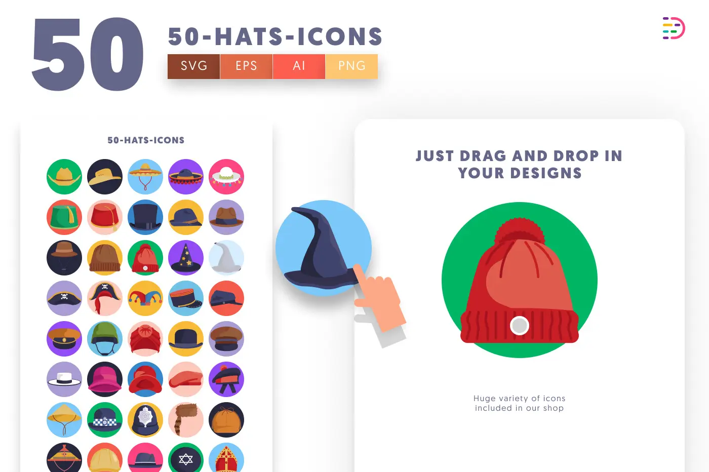 50 Hats Icons preview 1 – flat circle icons in PNG, SVG and EPS