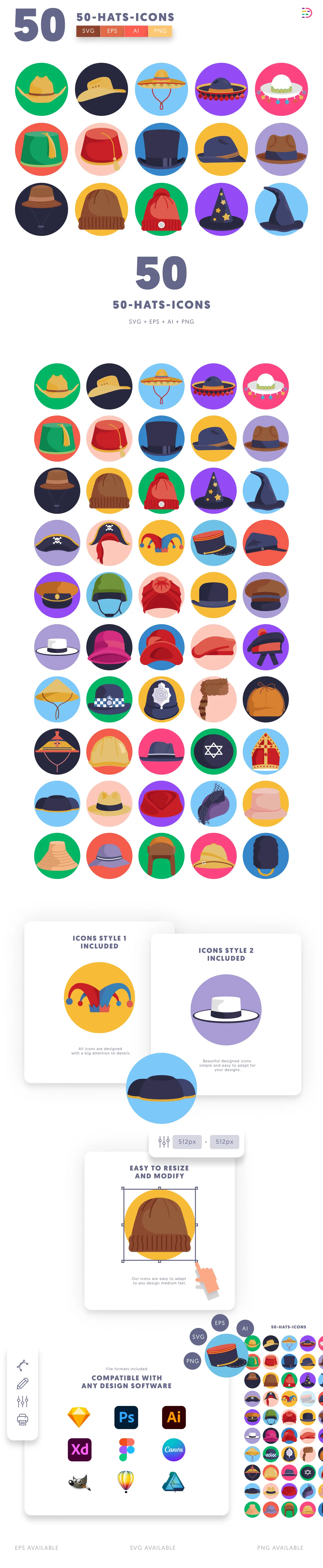 50 Hats Icons preview 2 – flat circle icons in PNG, SVG and EPS
