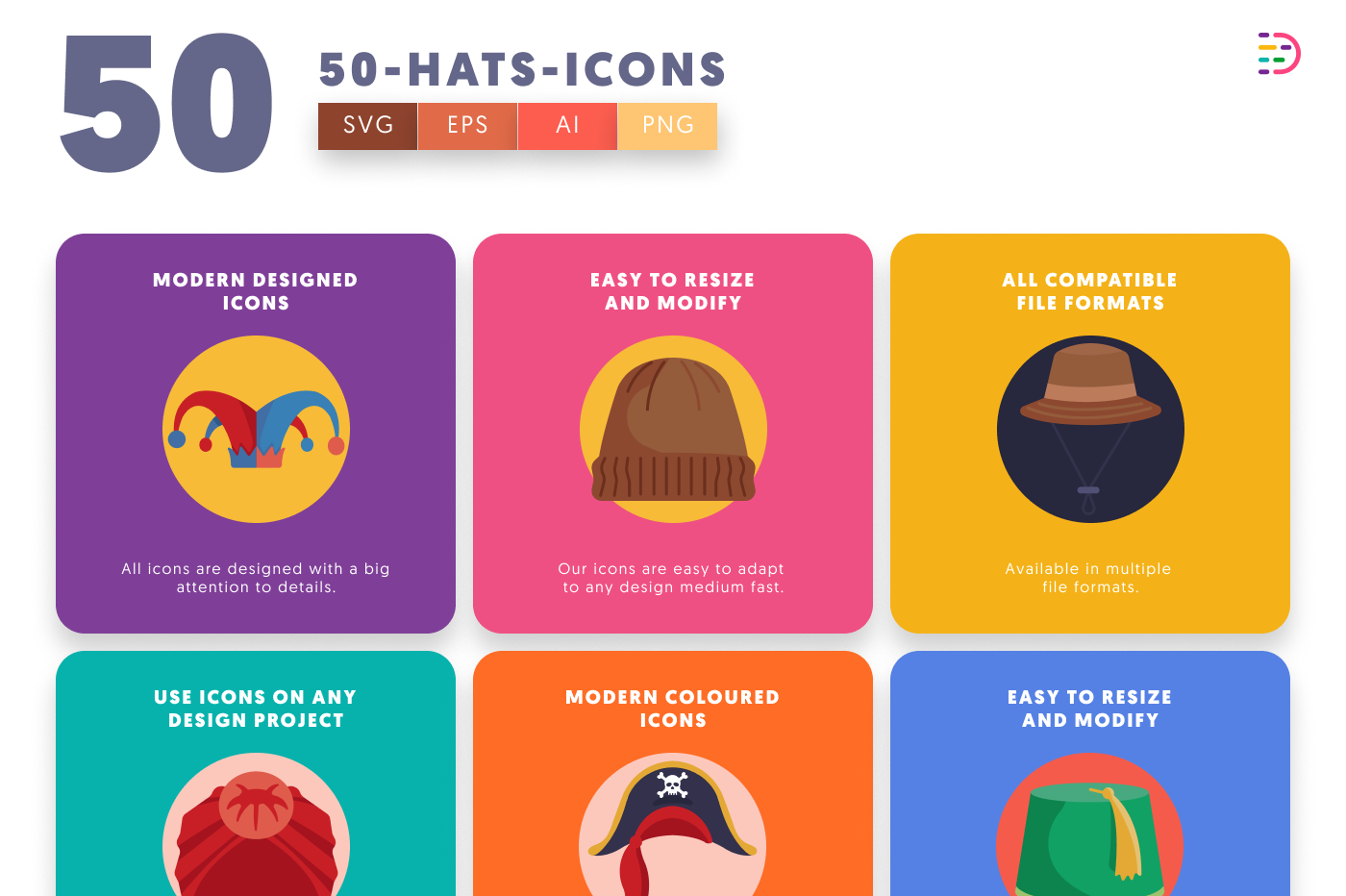 50 Hats Icons preview 5 – flat circle icons in PNG, SVG and EPS
