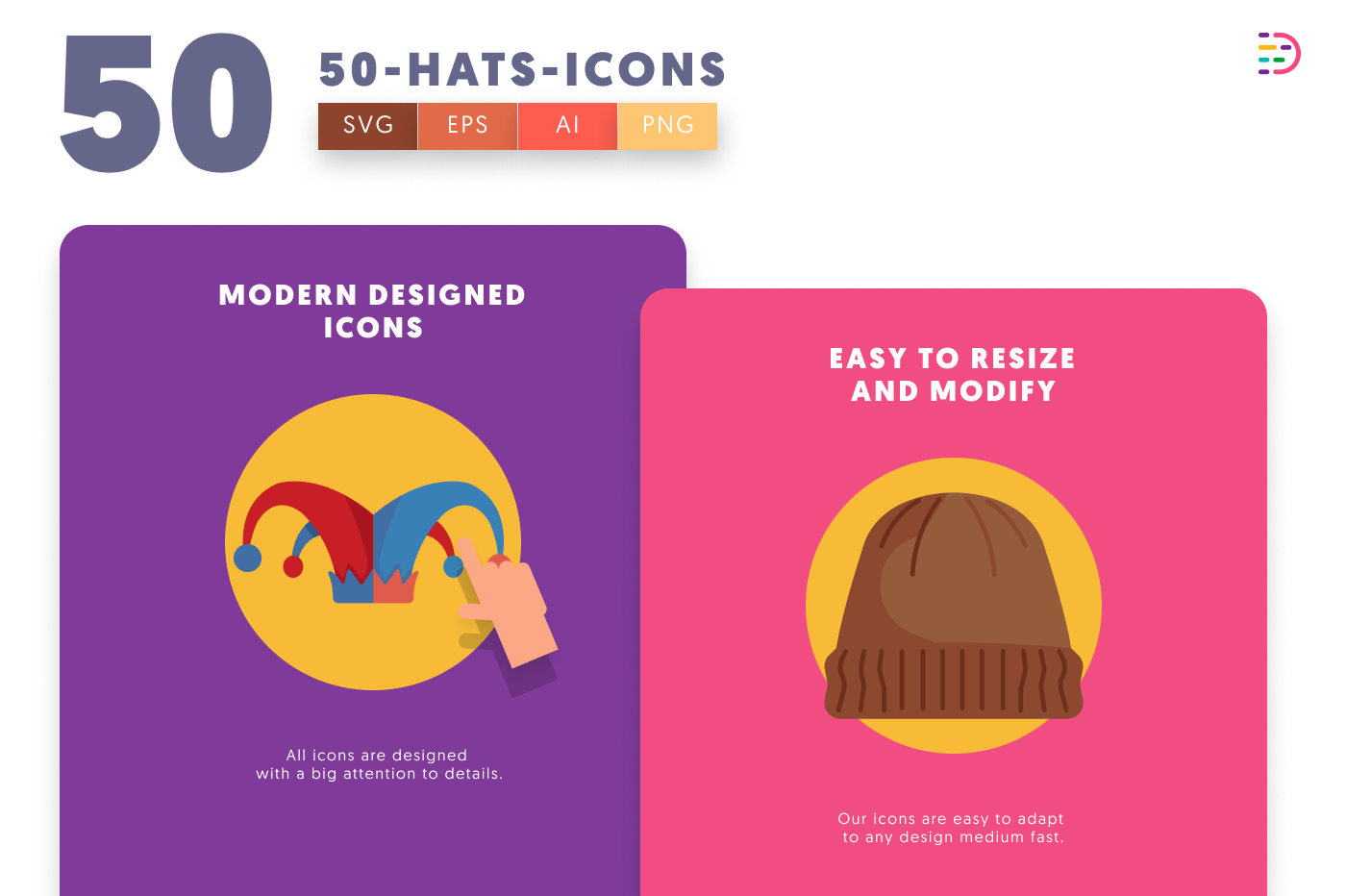 50 Hats Icons cover – flat circle icons in PNG, SVG and EPS
