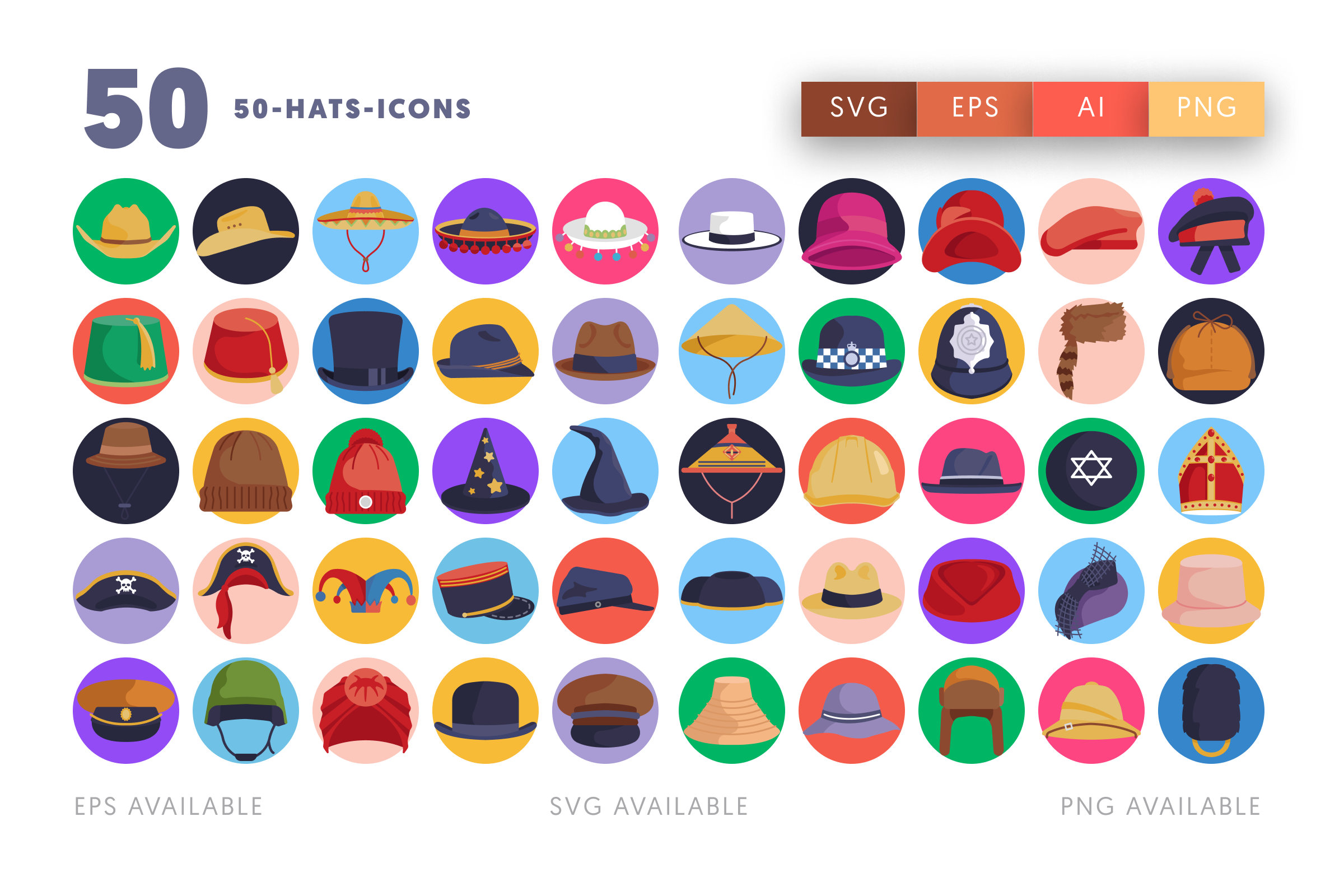 50 Hats Icons – flat circle icon set