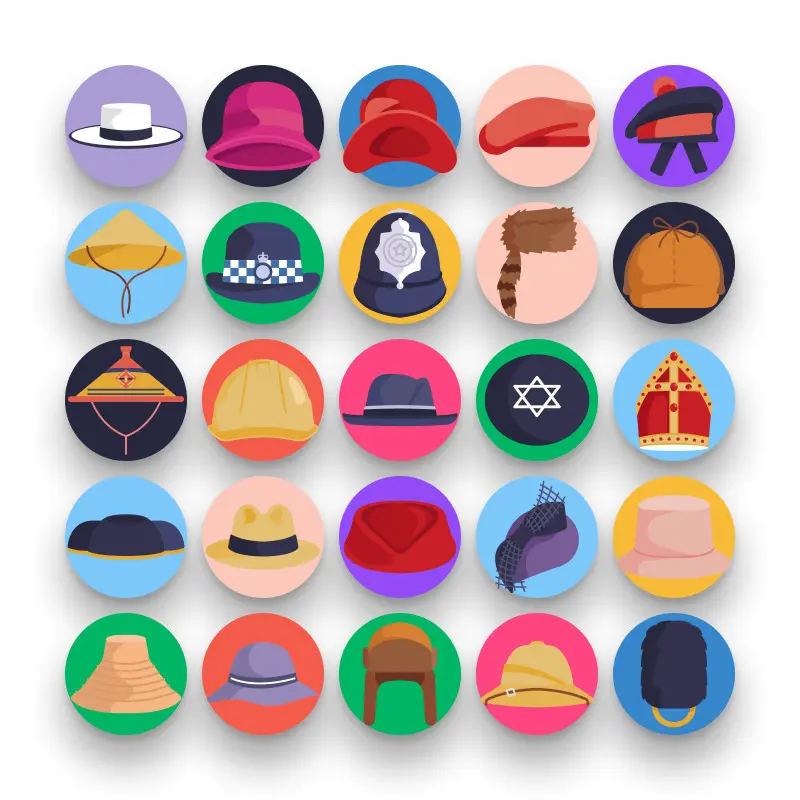 50 Hats Icons – set of colorful flat circle icons