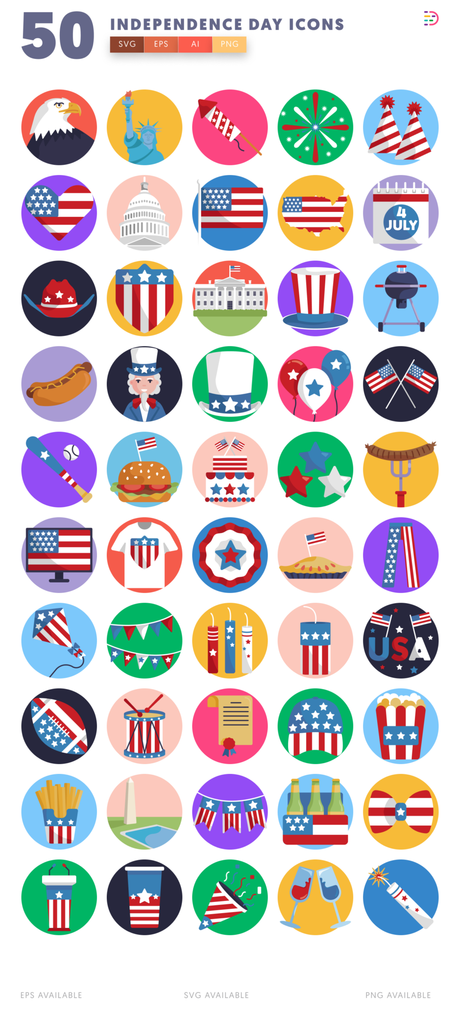 50 Independence Day Icons – USA Patriotic Vector Icon Set