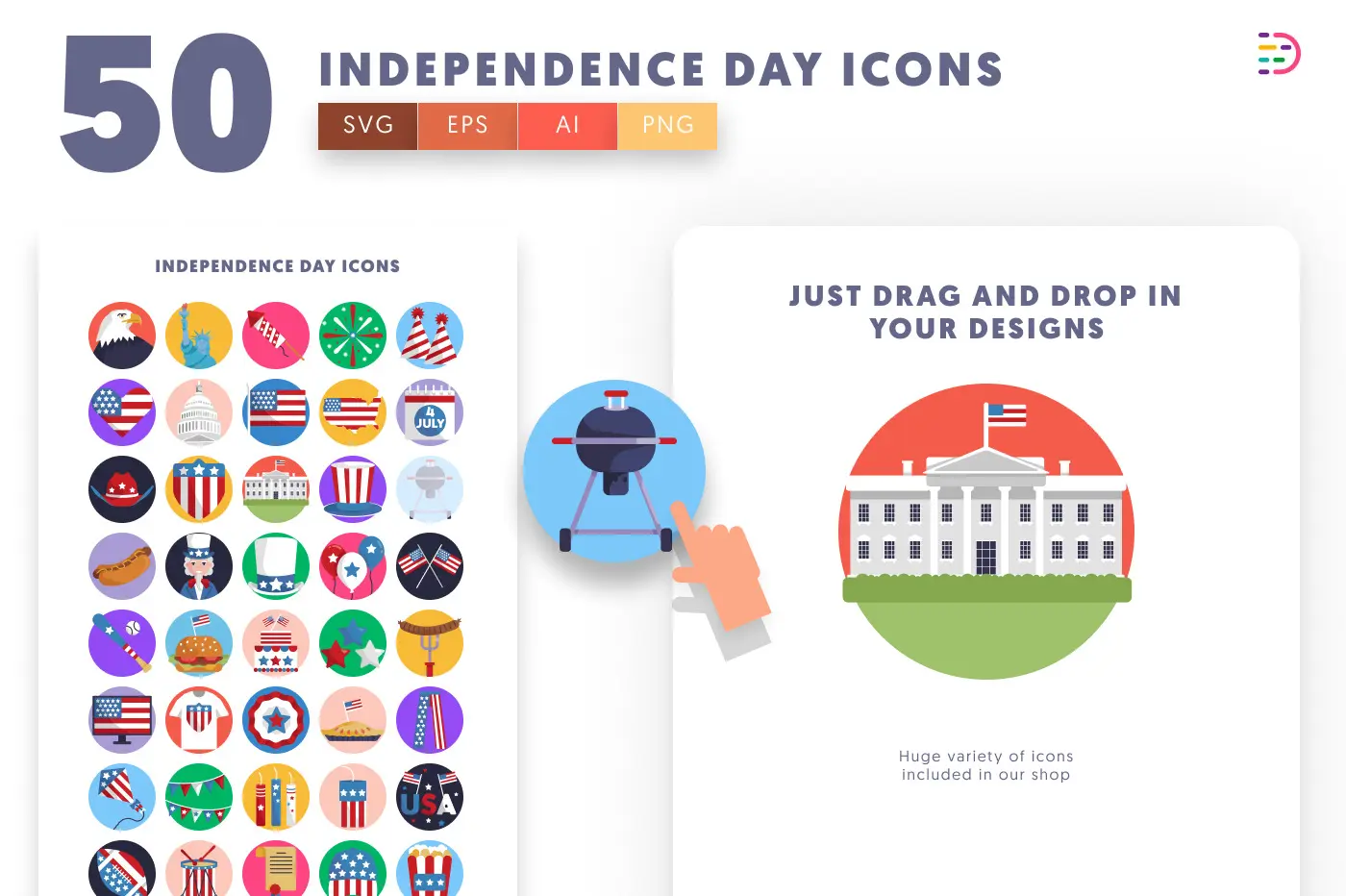 50 Independence Day Icons preview 1 – flat circle icons in PNG, SVG and EPS