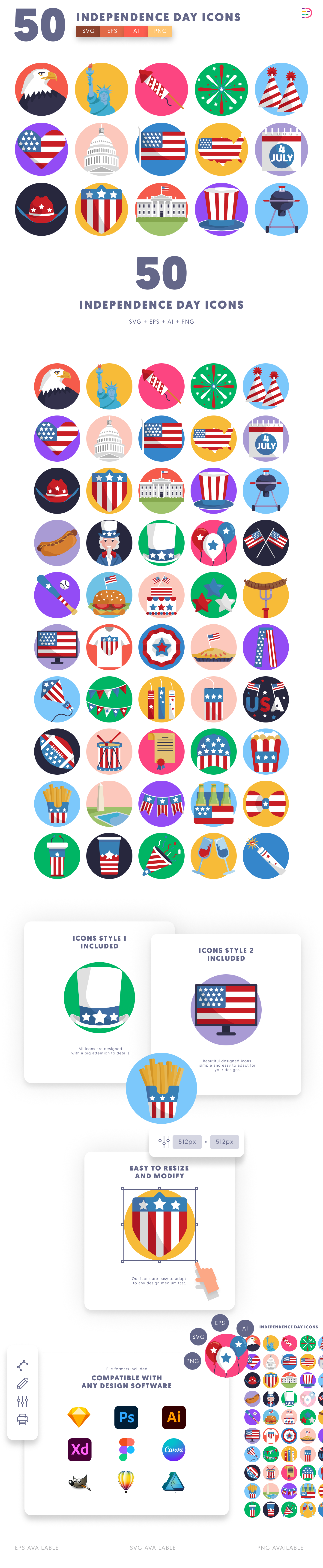 50 Independence Day Icons preview 1 – flat circle icons in PNG, SVG and EPS
