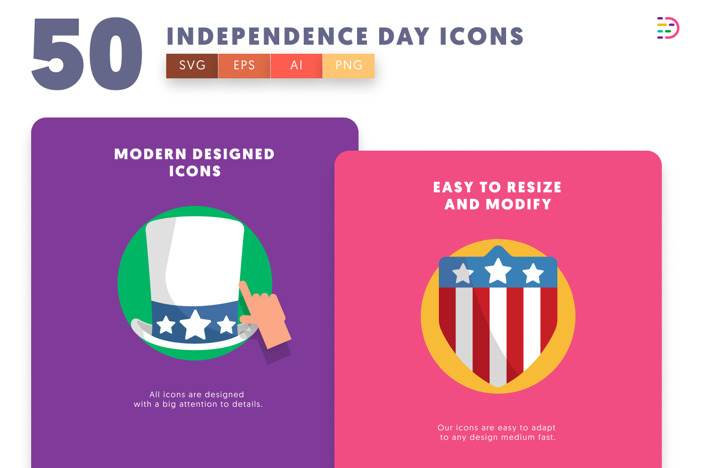 50 Independence Day Icons cover – flat circle icons in PNG, SVG and EPS