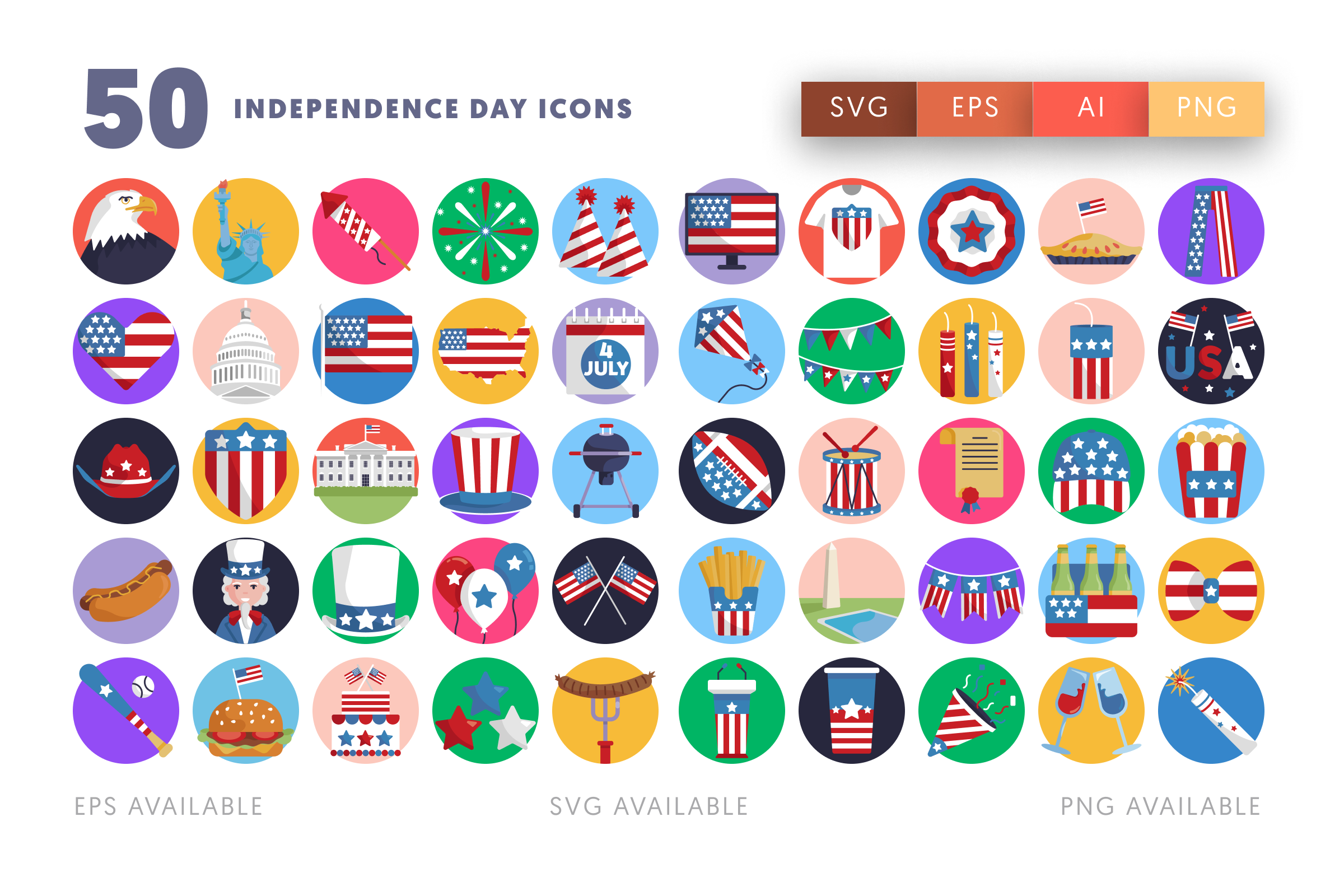50 Independence Day Icons – flat circle icon set