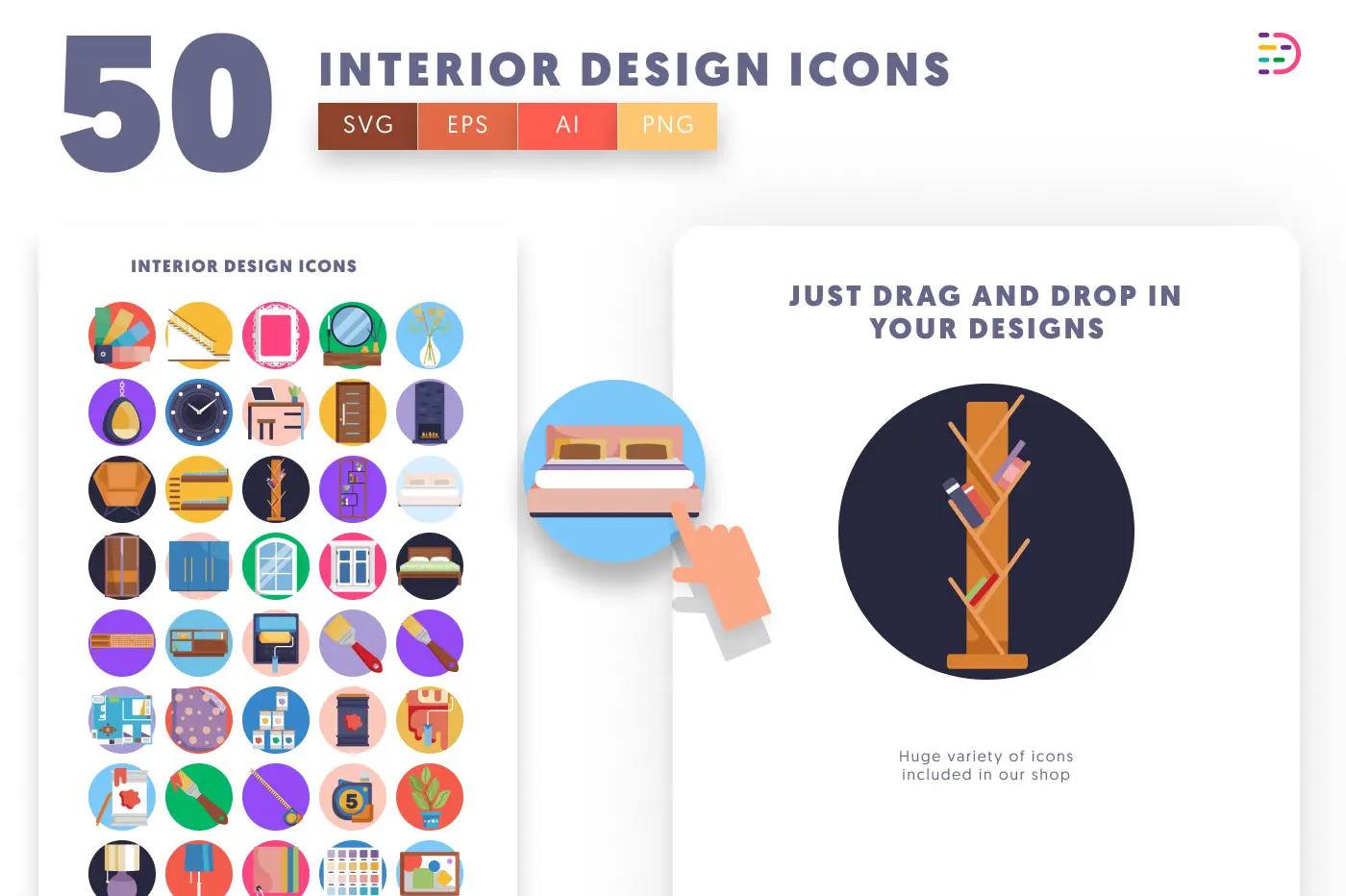50 Interior Design Icons preview 1 – flat circle icons in PNG, SVG and EPS