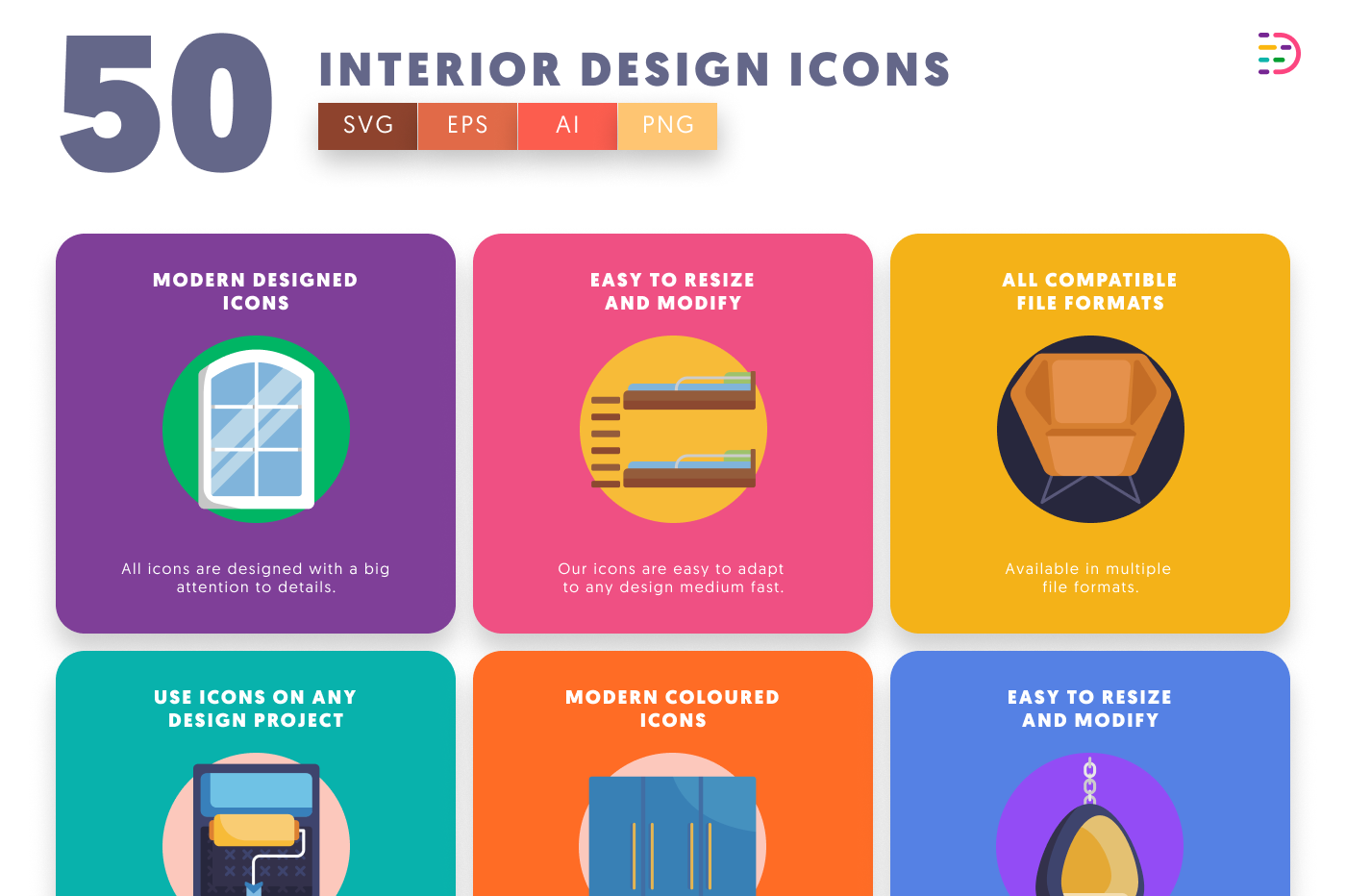 50 Interior Design Icons preview 5 – flat circle icons in PNG, SVG and EPS