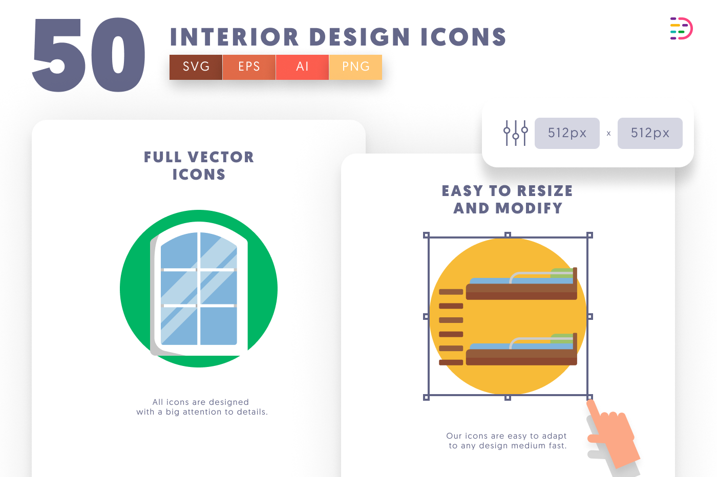 50 Interior Design Icons preview 6 – flat circle icons in PNG, SVG and EPS