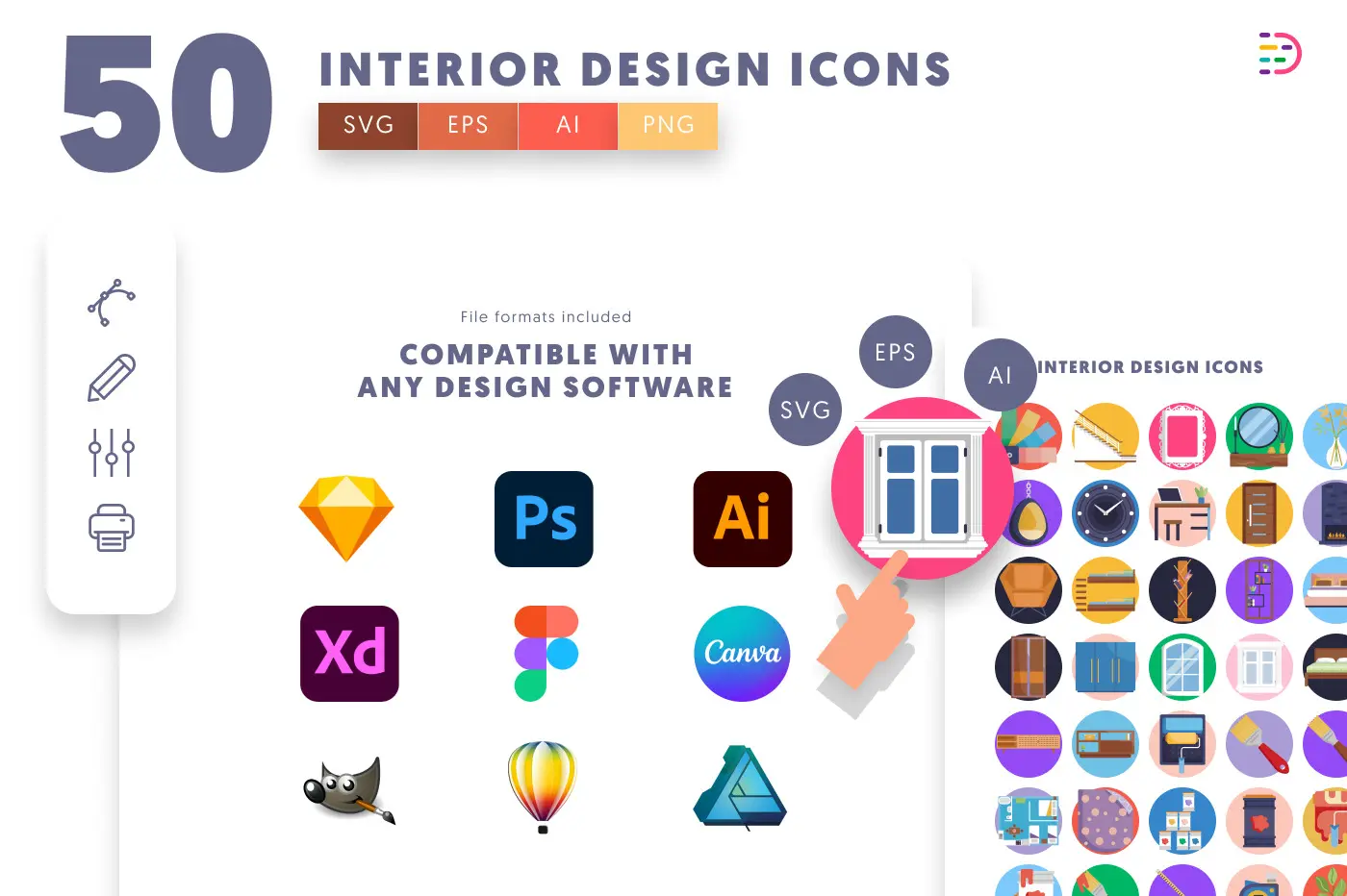 50 Interior Design Icons preview 8 – flat circle icons in PNG, SVG and EPS