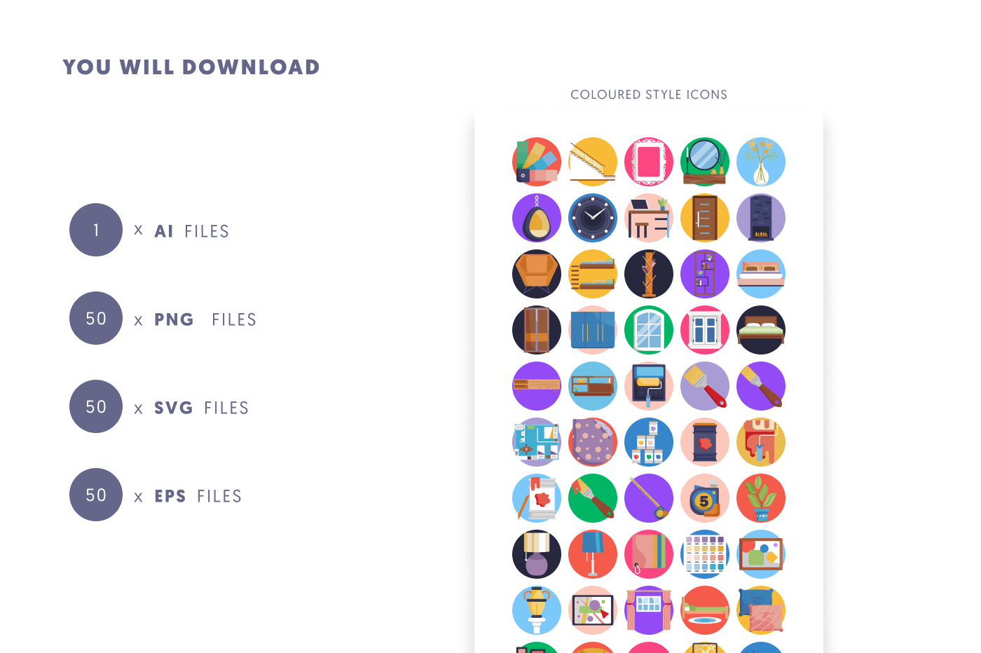 50 Interior Design Icons preview 9 – flat circle icons in PNG, SVG and EPS