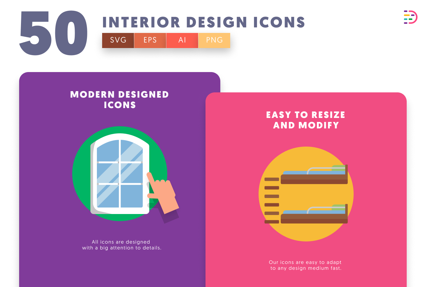 50 Interior Design Icons cover – flat circle icons in PNG, SVG and EPS