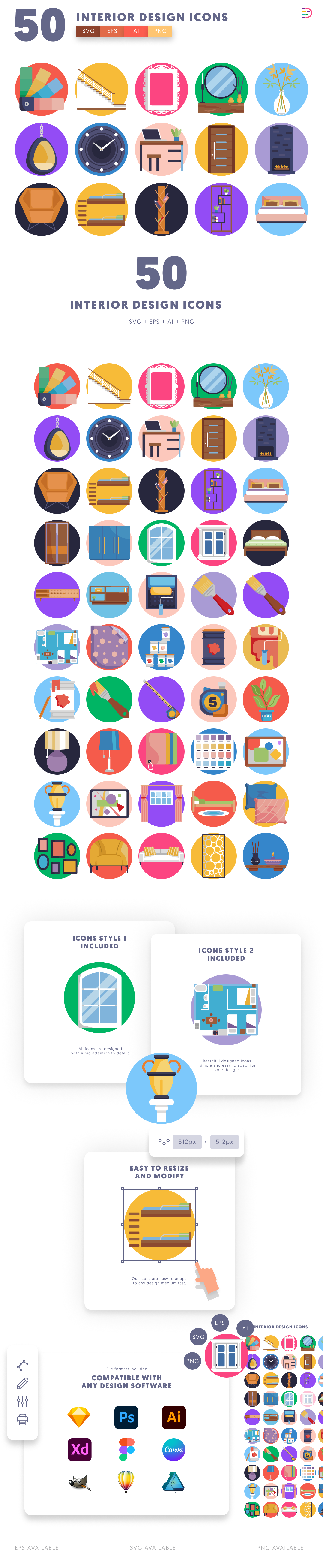50 Interior Design Icons cover – flat circle icons in PNG, SVG and EPS