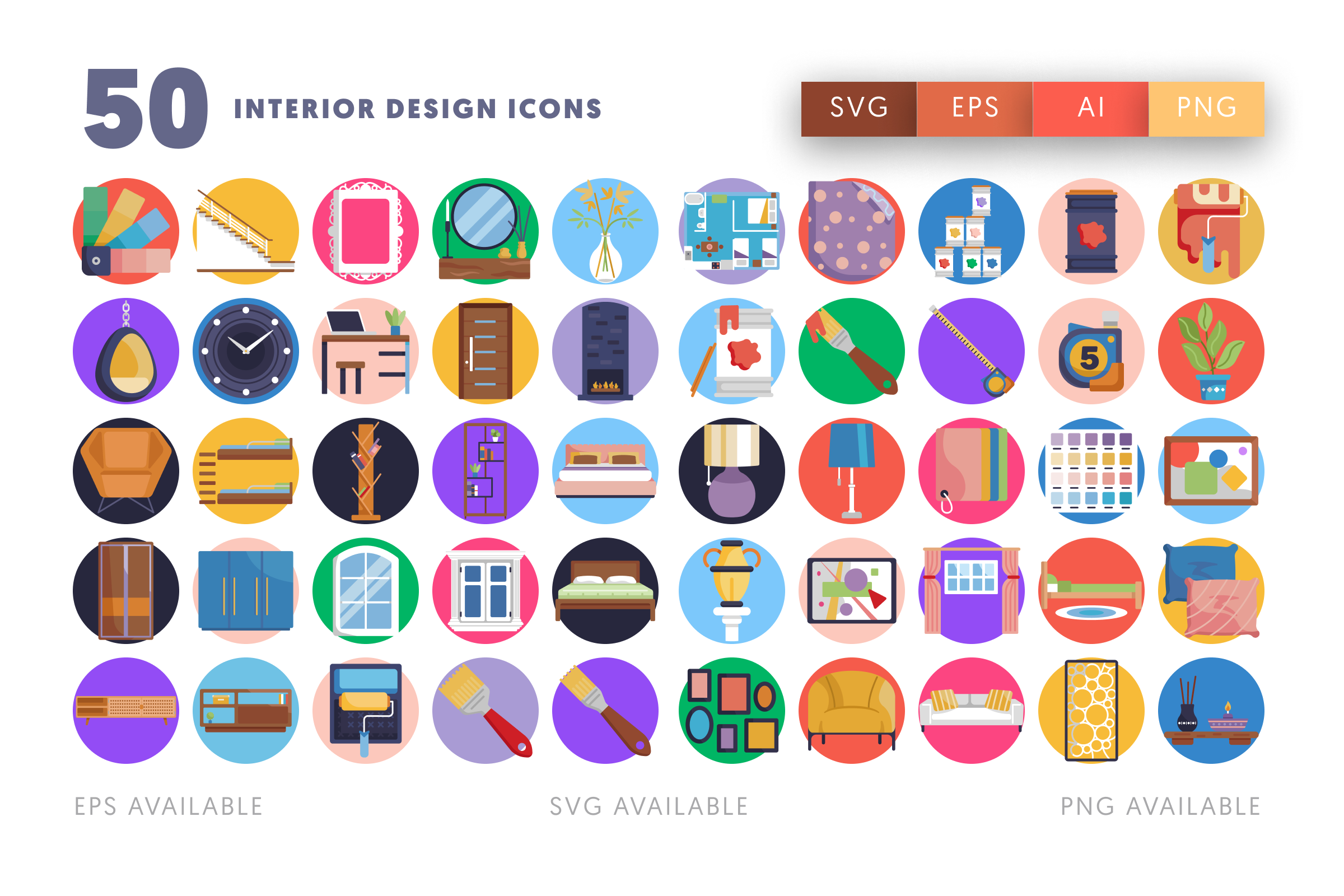 50 Interior Design Icons – flat circle icon set