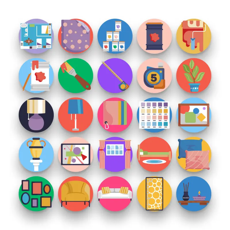 50 Interior Design Icons – set of colorful flat circle icons