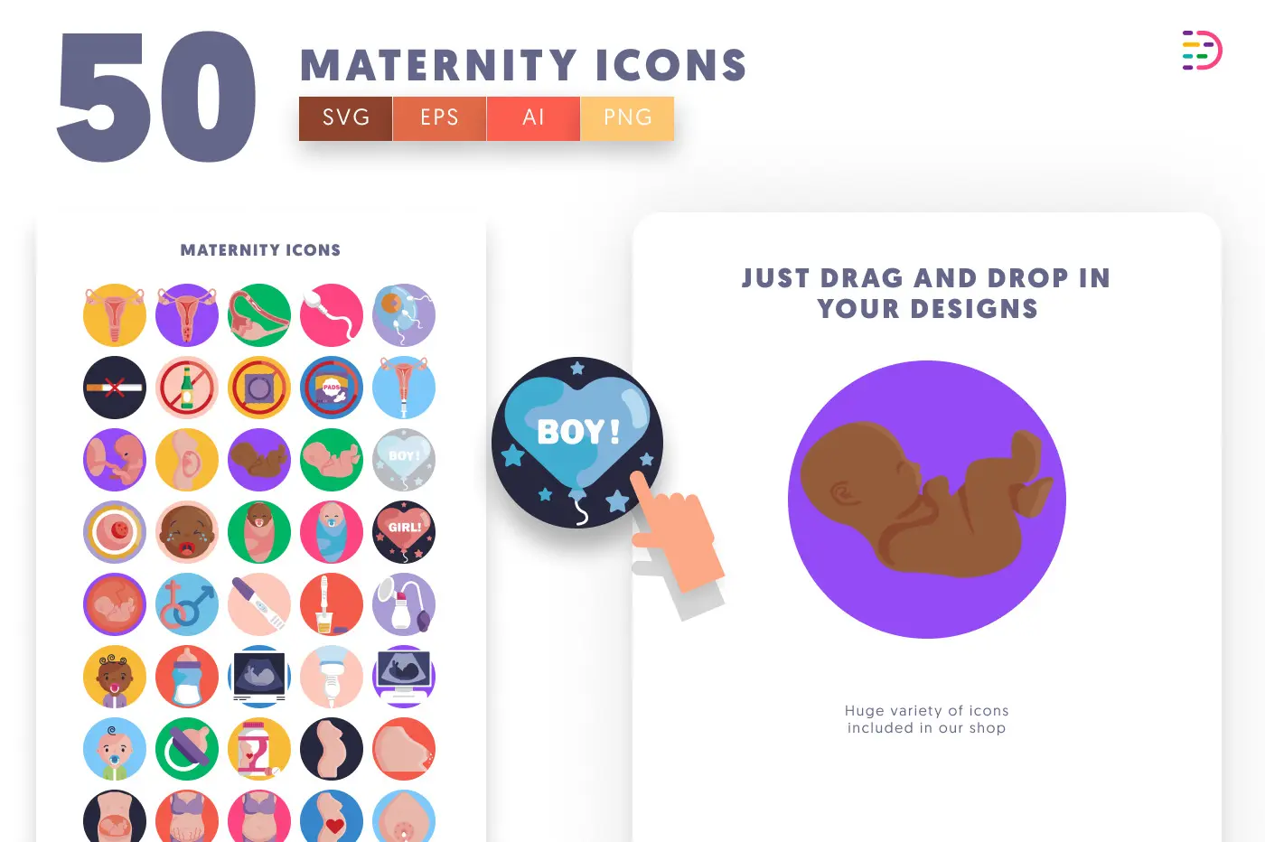50 Maternity Icons preview 1 – flat circle icons in PNG, SVG and EPS