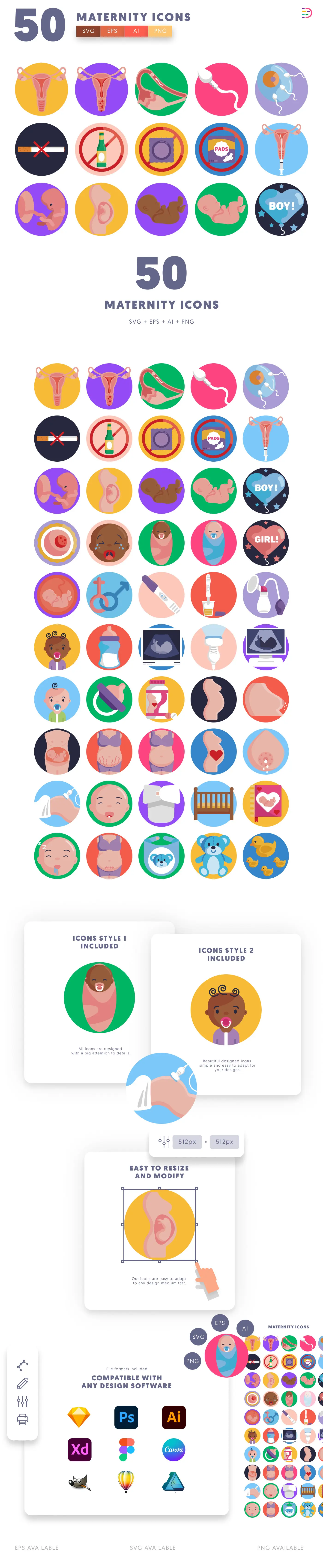 50 Maternity Icons preview 2 – flat circle icons in PNG, SVG and EPS