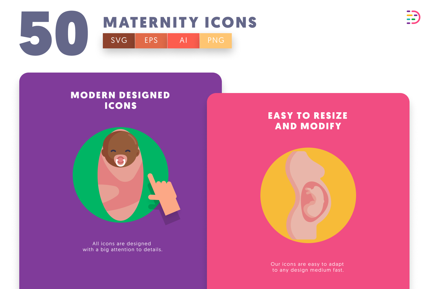 50 Maternity Icons cover – flat circle icons in PNG, SVG and EPS
