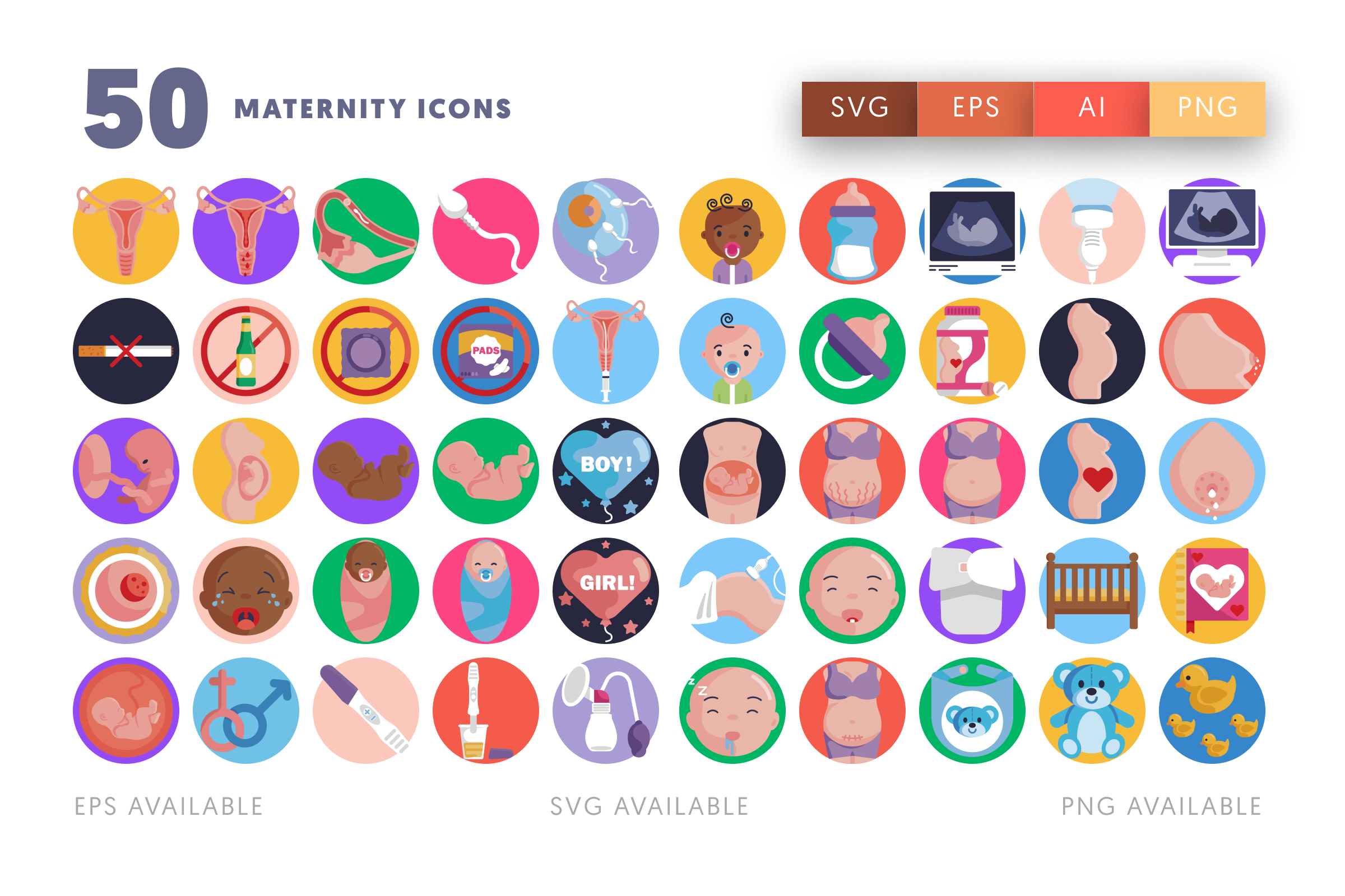 50 Maternity Icons – flat circle icon set