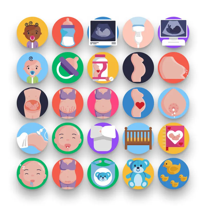 50 Maternity Icons – set of colorful flat circle icons