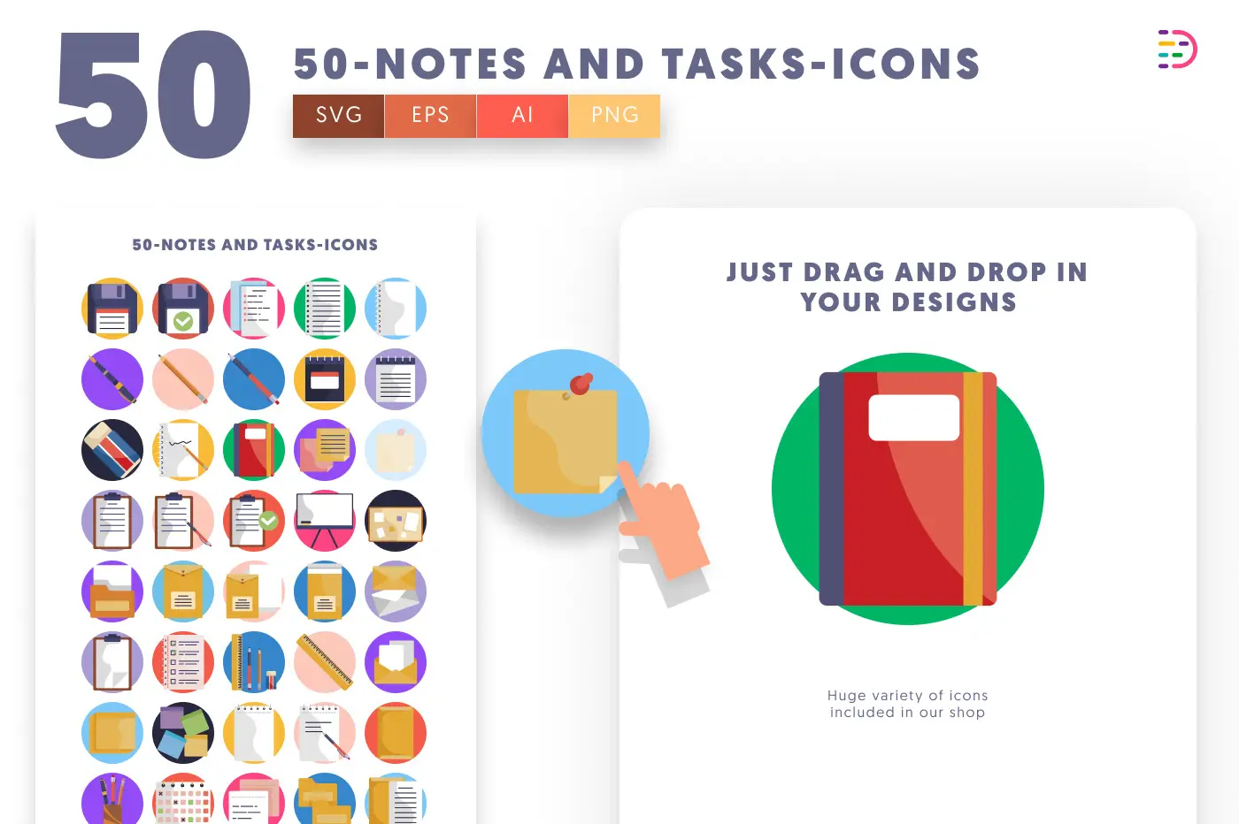 50 Notes and Tasks Icons preview 1 – flat circle icons in PNG, SVG and EPS