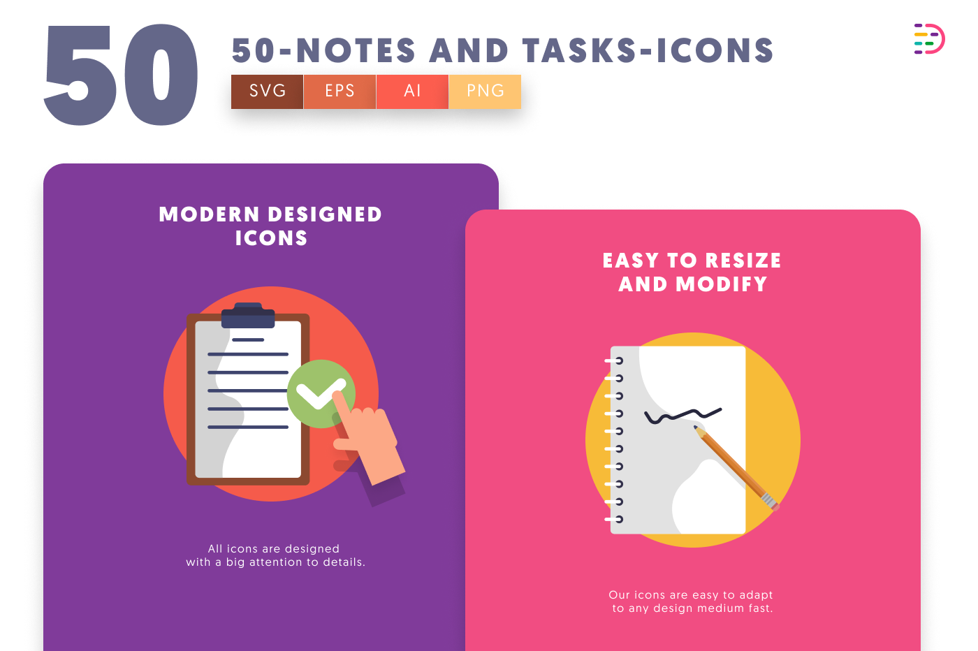 50 Notes and Tasks Icons cover – flat circle icons in PNG, SVG and EPS