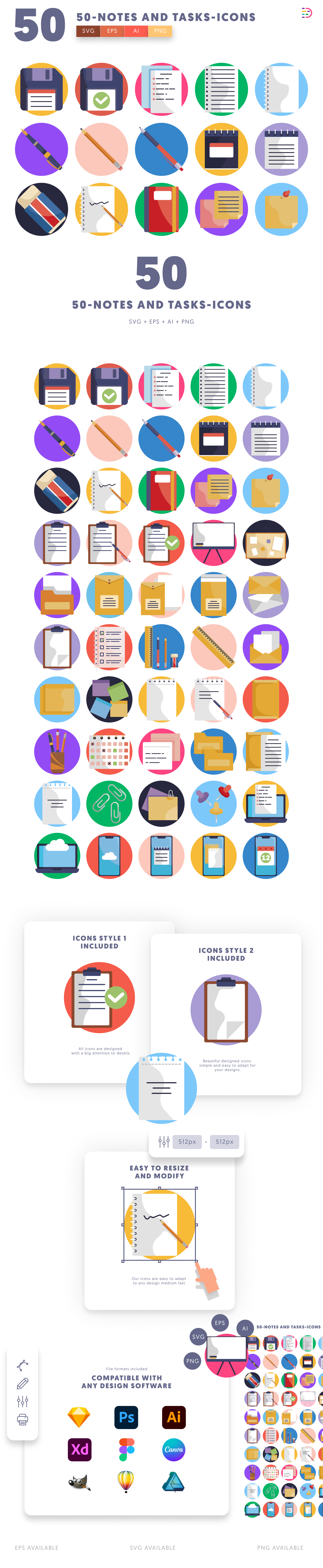 50 Notes and Tasks Icons cover – flat circle icons in PNG, SVG and EPS