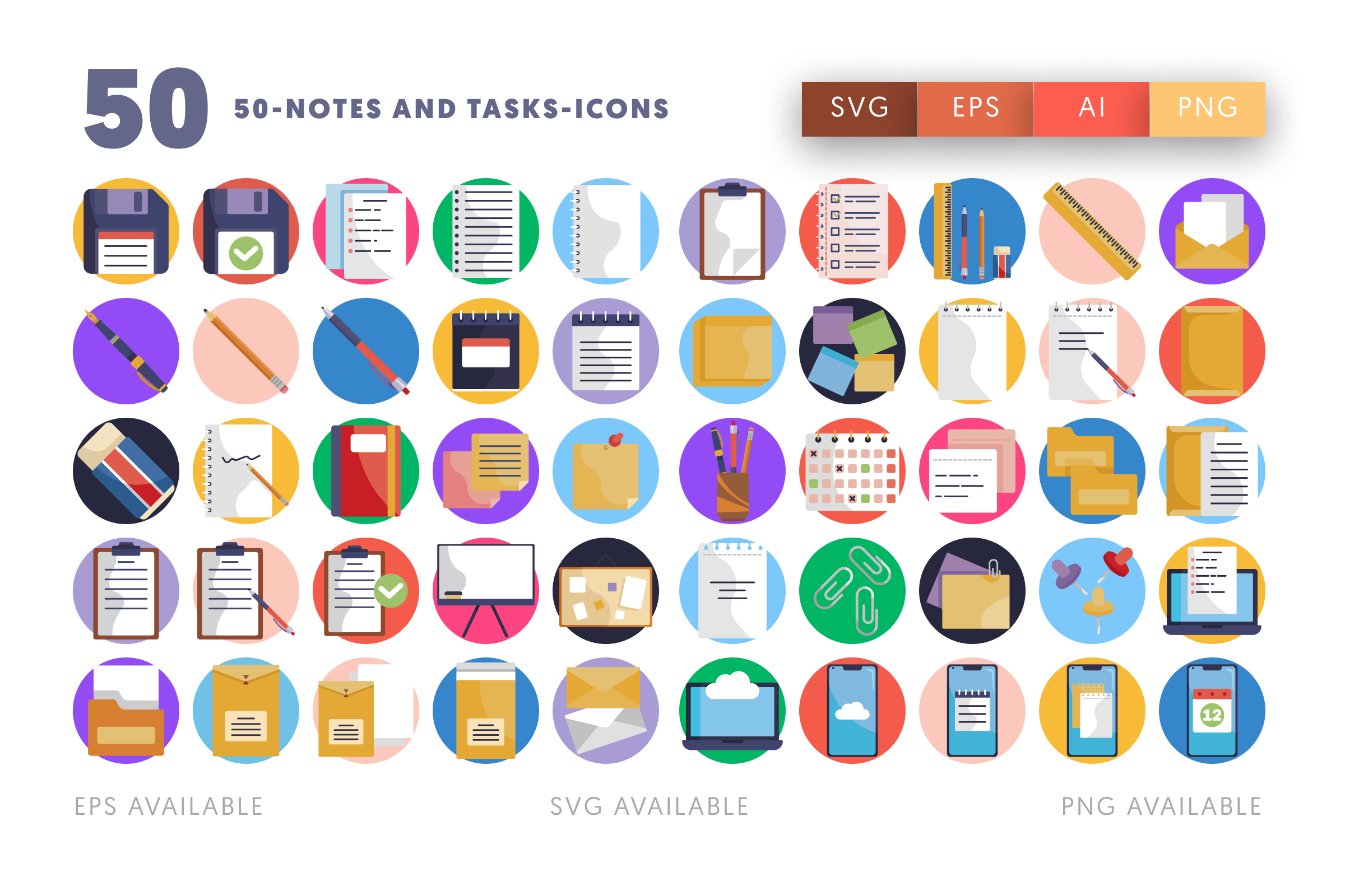 50 Notes and Tasks Icons – flat circle icon set