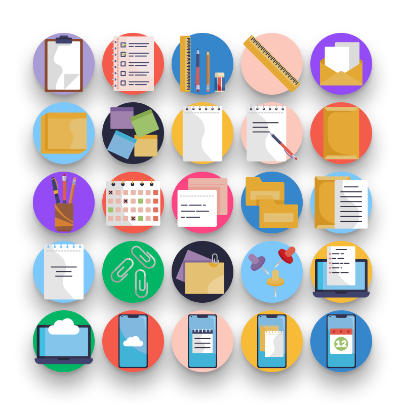 50 Notes and Tasks Icons – set of colorful flat circle icons