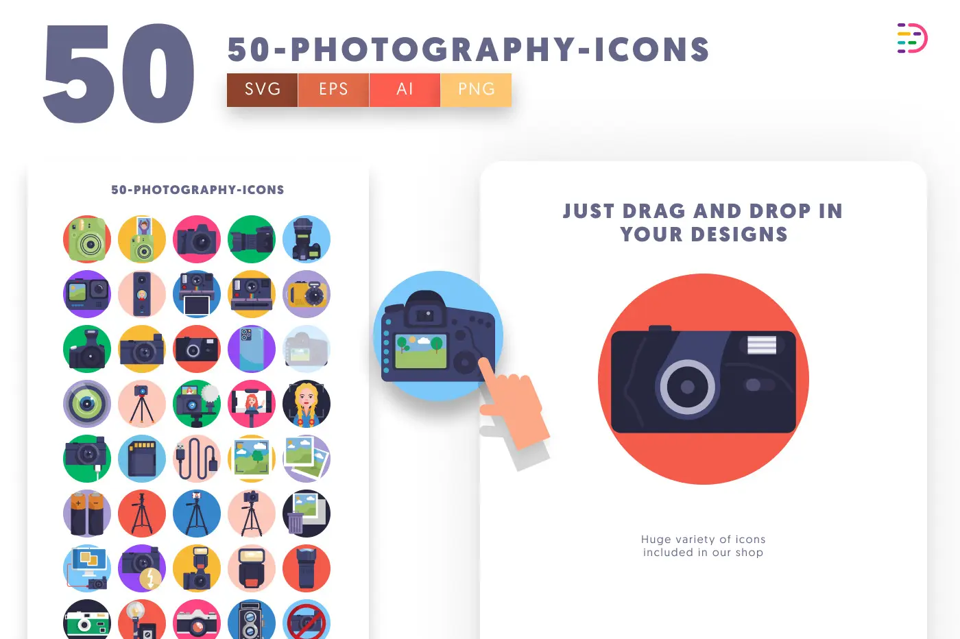 50 Photography Icons preview 1 – flat circle icons in PNG, SVG and EPS