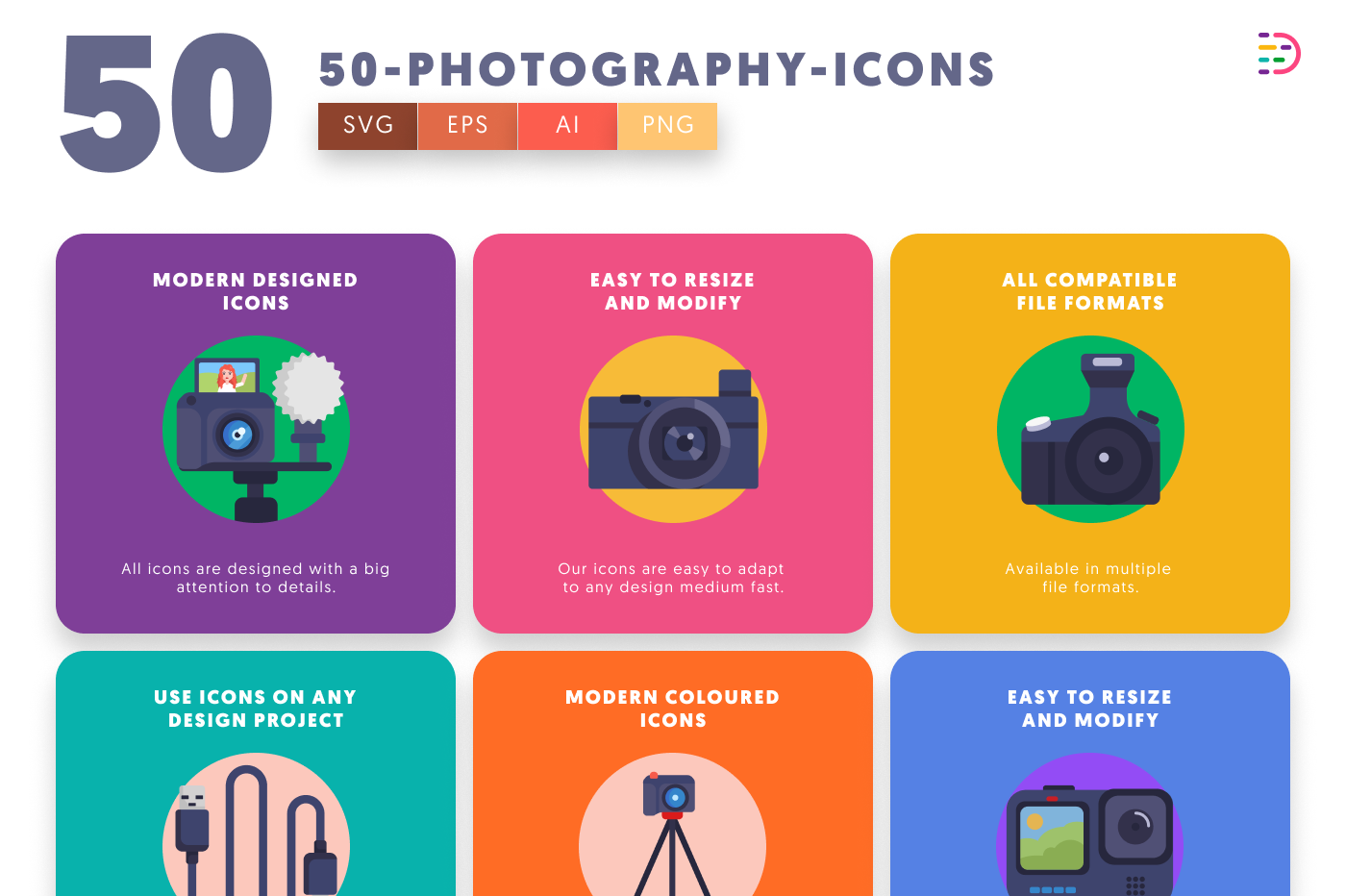 50 Photography Icons preview 5 – flat circle icons in PNG, SVG and EPS