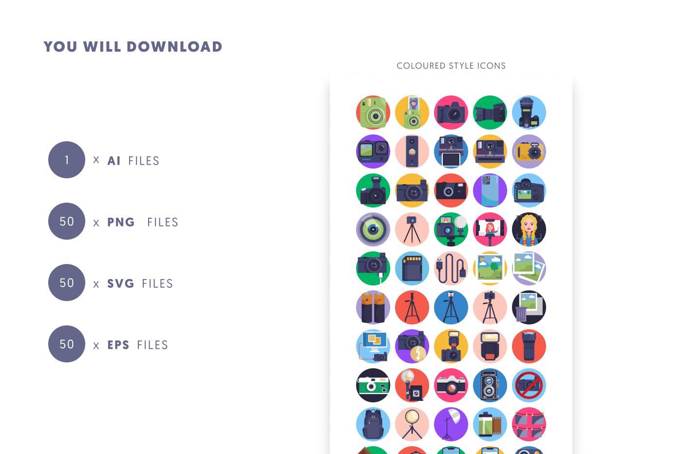50 Photography Icons preview 9 – flat circle icons in PNG, SVG and EPS