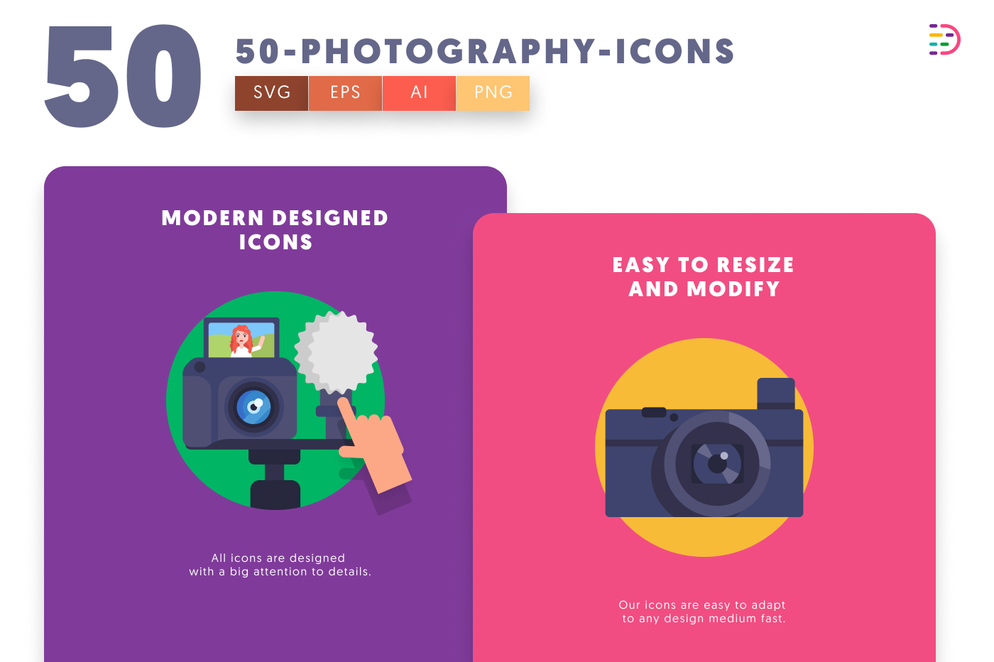 50 Photography Icons cover – flat circle icons in PNG, SVG and EPS
