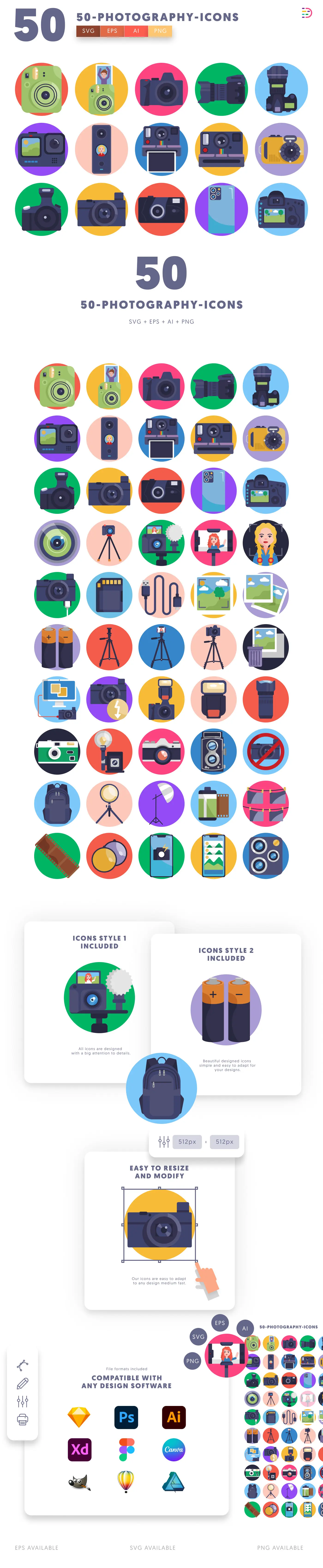 50 Photography Icons cover – flat circle icons in PNG, SVG and EPS