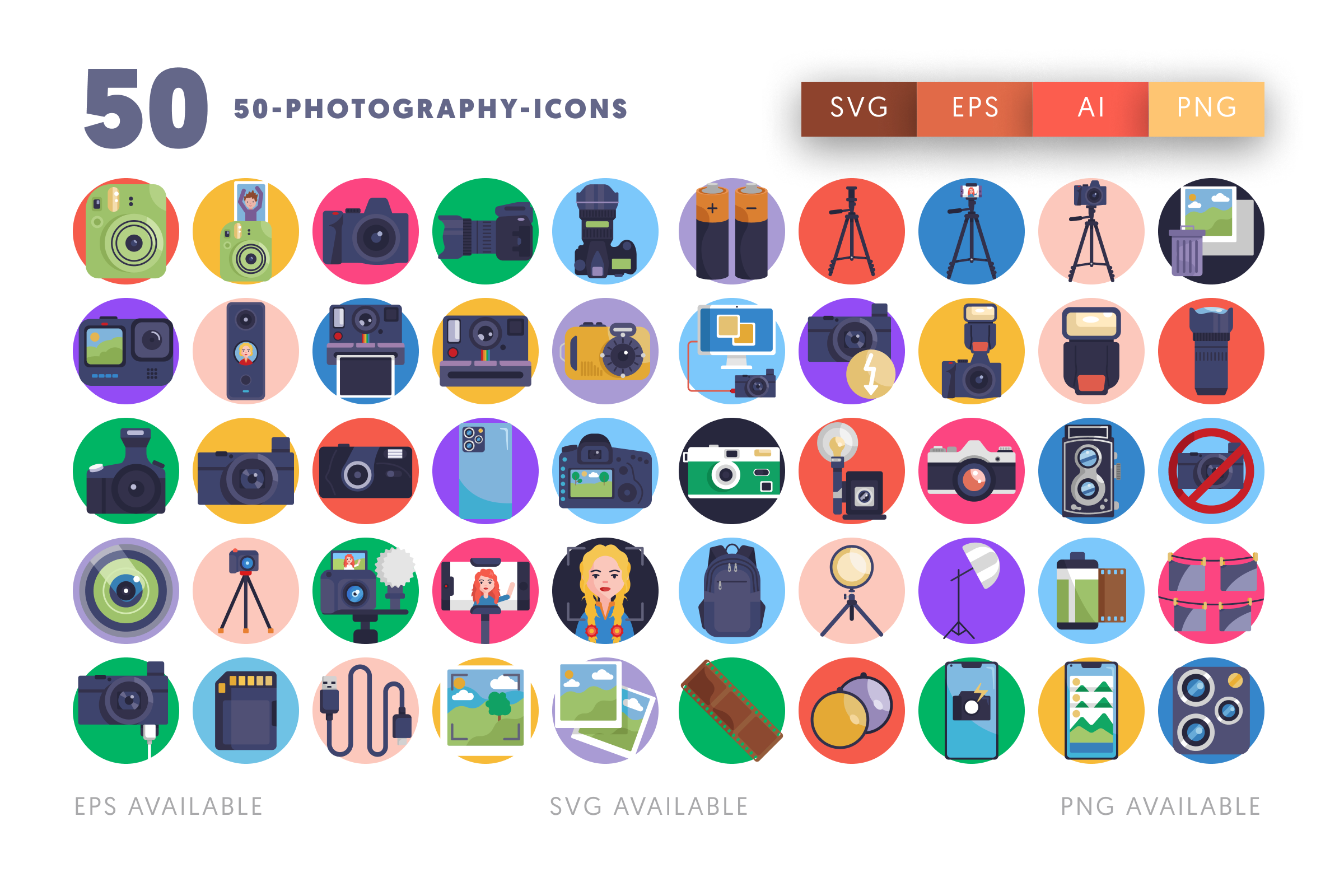 50 Photography Icons – flat circle icon set