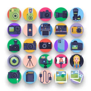 50 Photography Icons – set of colorful flat circle icons