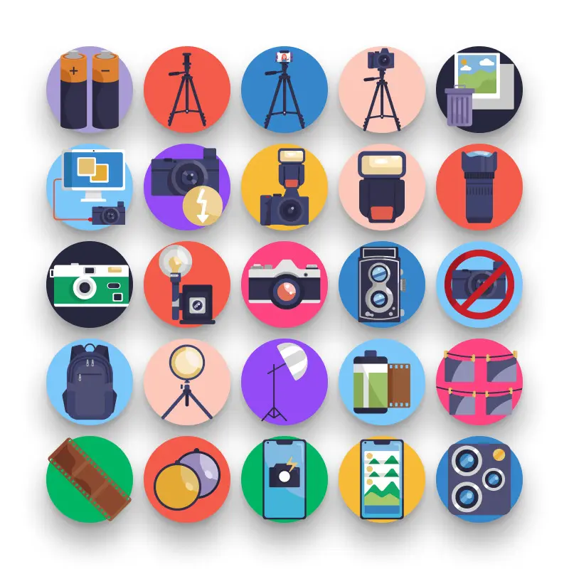 50 Photography Icons – set of colorful flat circle icons
