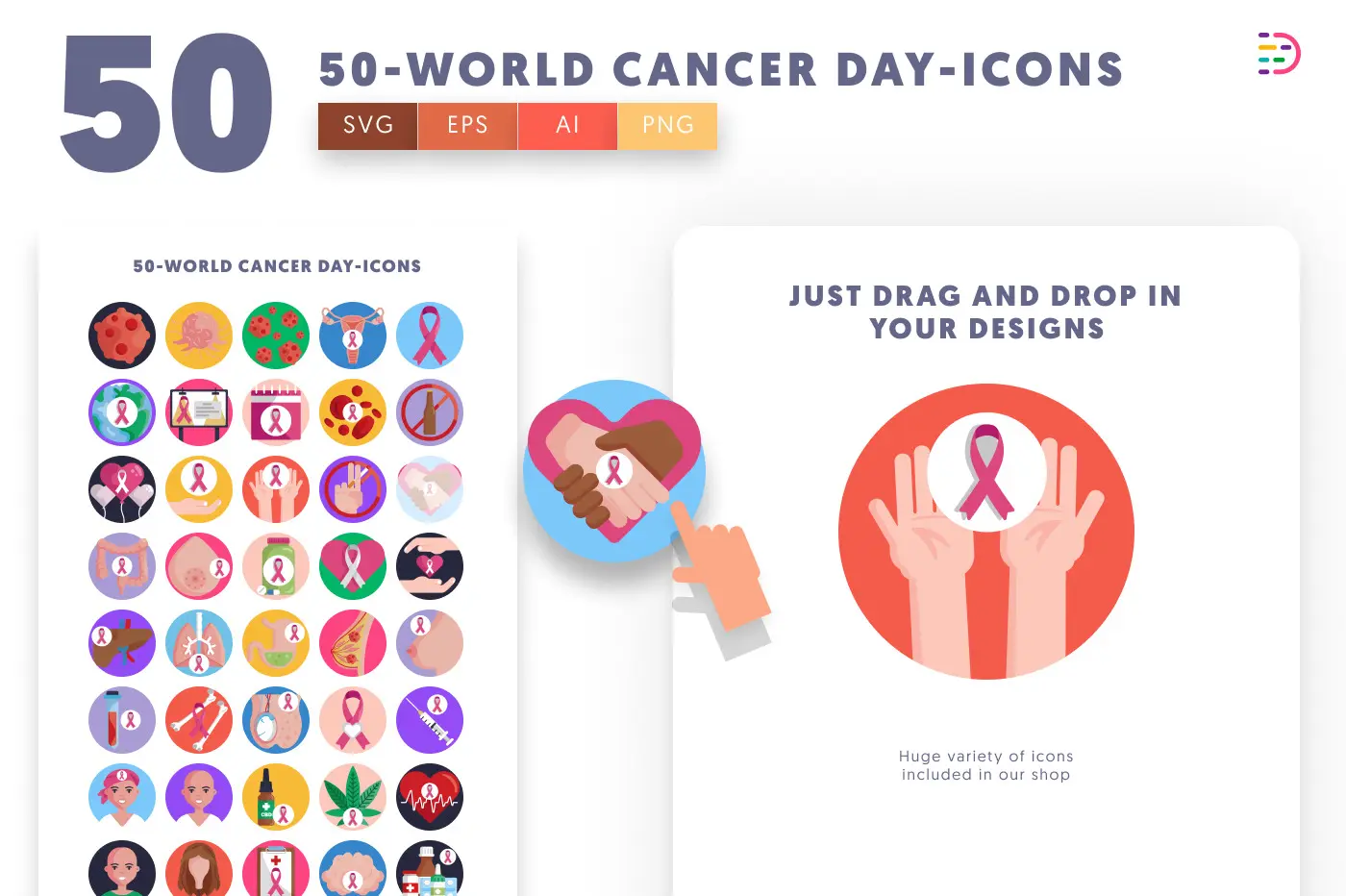 50 World Cancer Day Icons preview 1 – flat circle icons in PNG, SVG and EPS