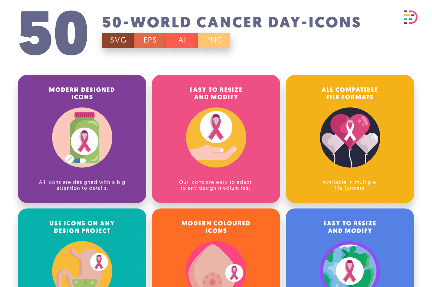 50 World Cancer Day Icons preview 5 – flat circle icons in PNG, SVG and EPS