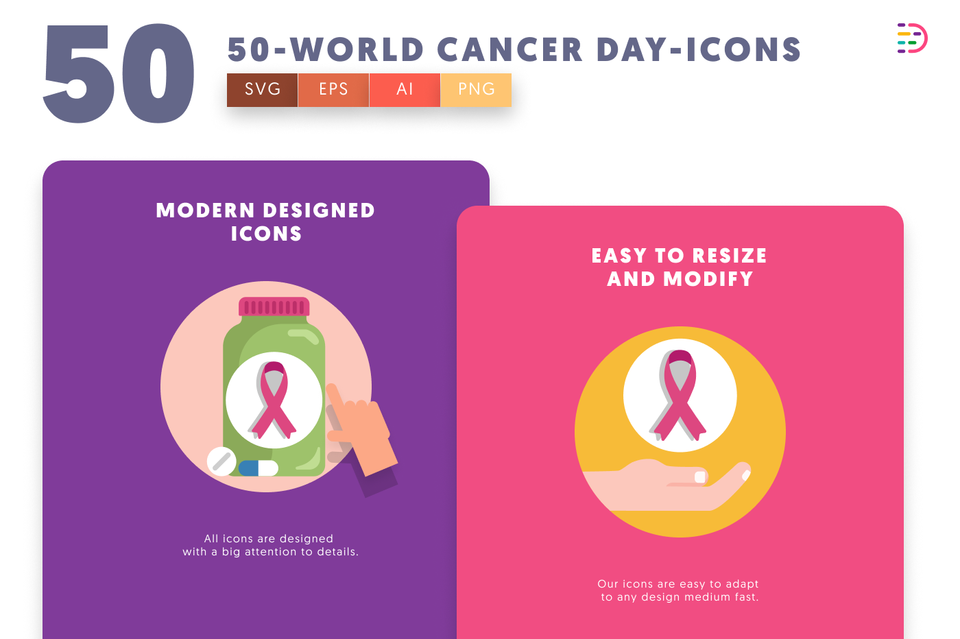 50 World Cancer Day Icons cover – flat circle icons in PNG, SVG and EPS