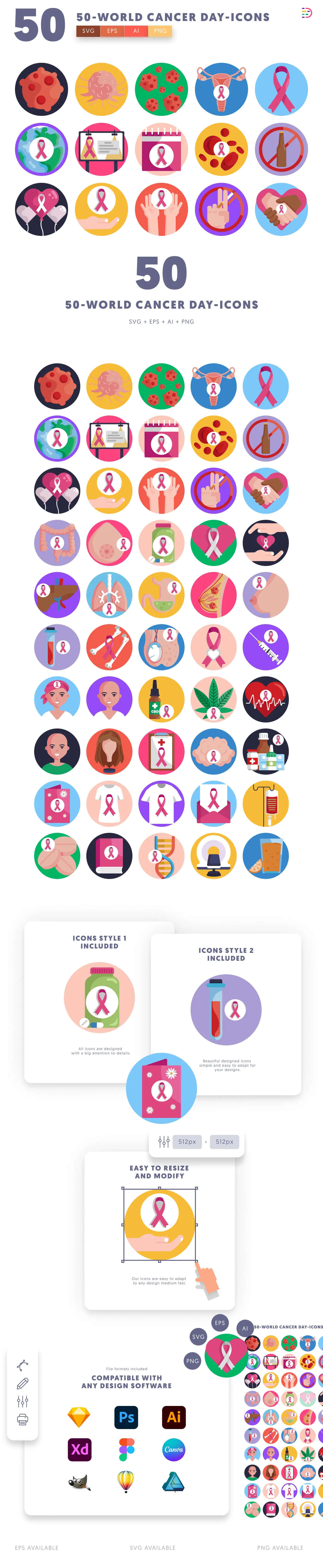 50 World Cancer Day Icons cover – flat circle icons in PNG, SVG and EPS