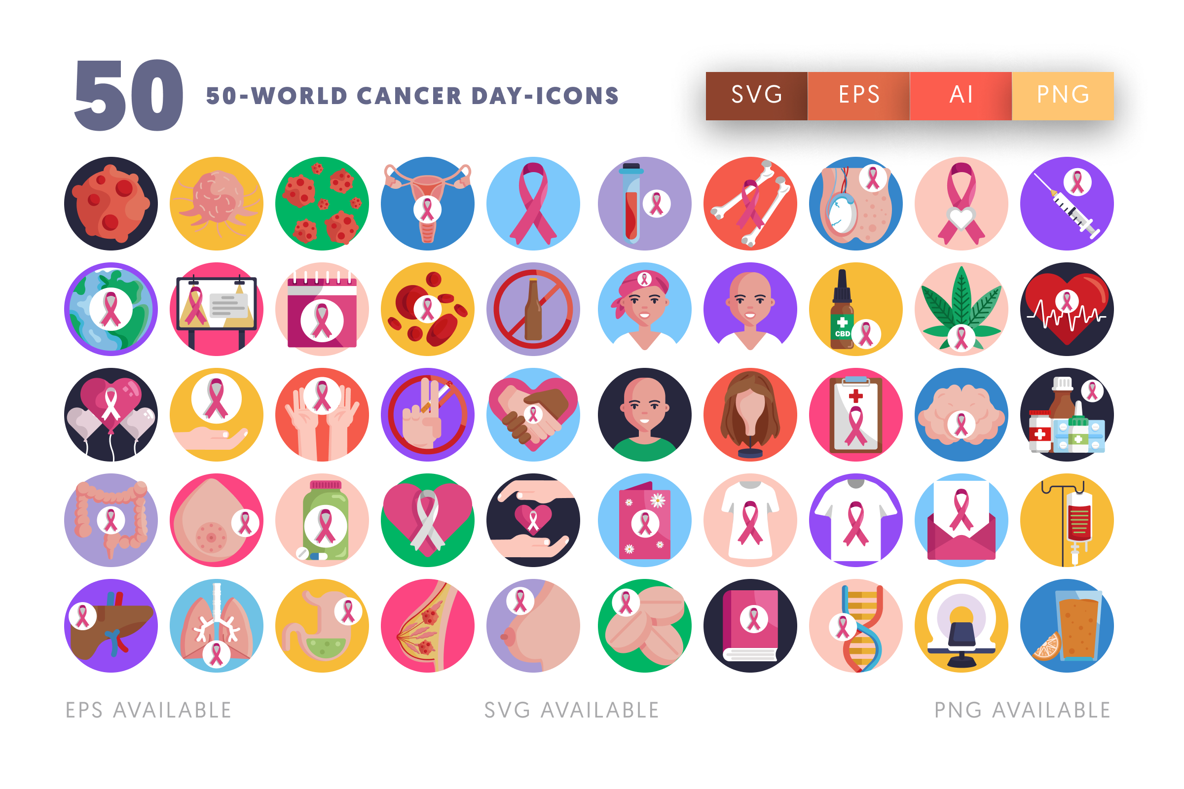 50 World Cancer Day Icons – flat circle icon set