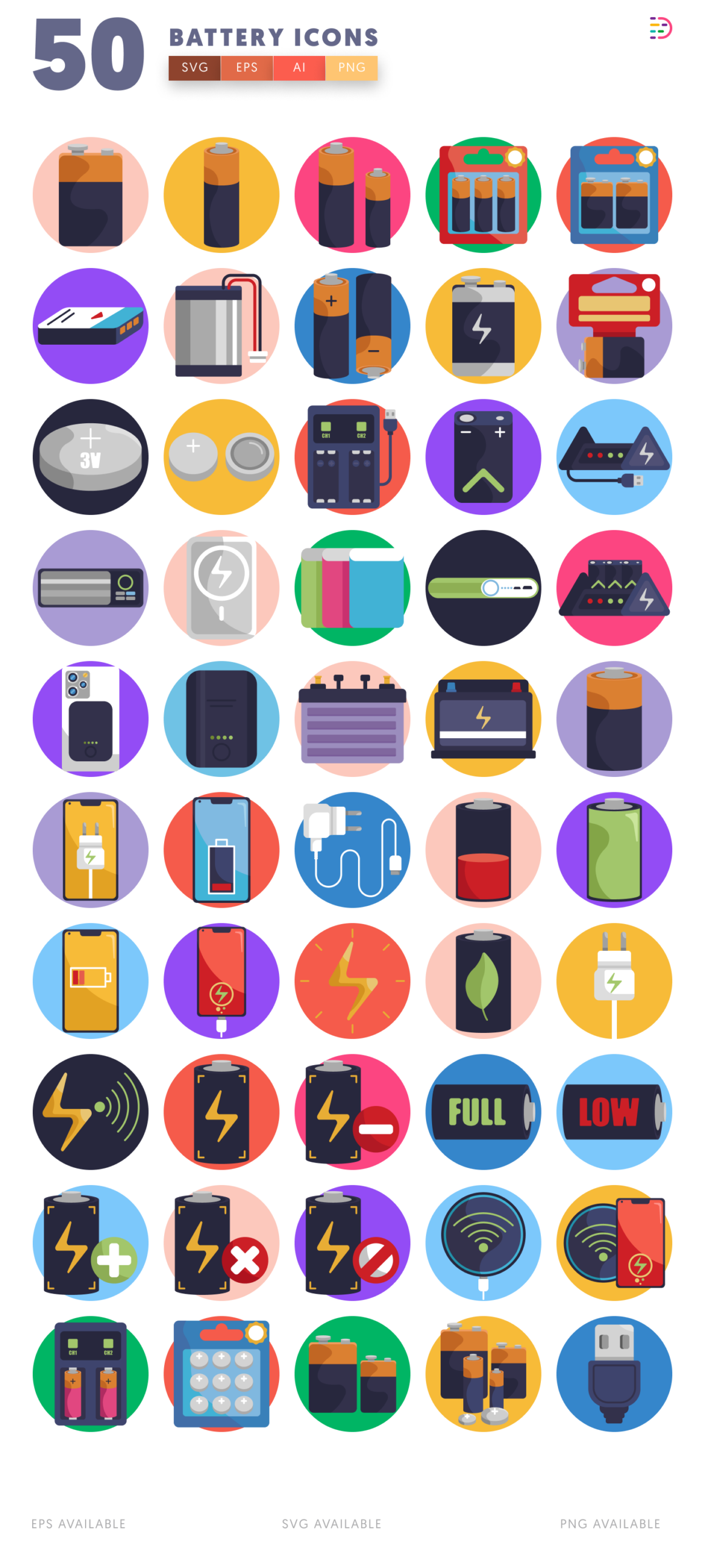 50 Battery Icons Set – Vector Power, Charging & Energy Symbols