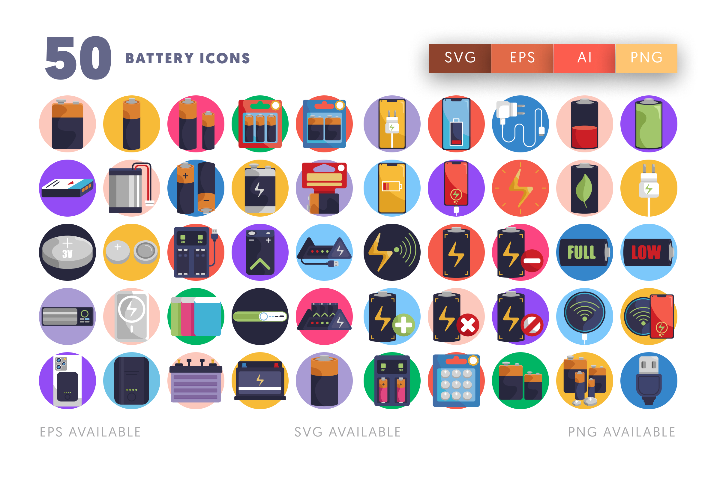 50 Battery Icons – flat circle icon set