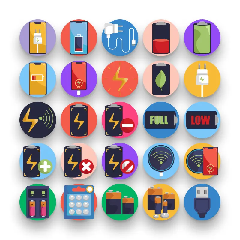 50 Battery Icons – set of colorful flat circle icons