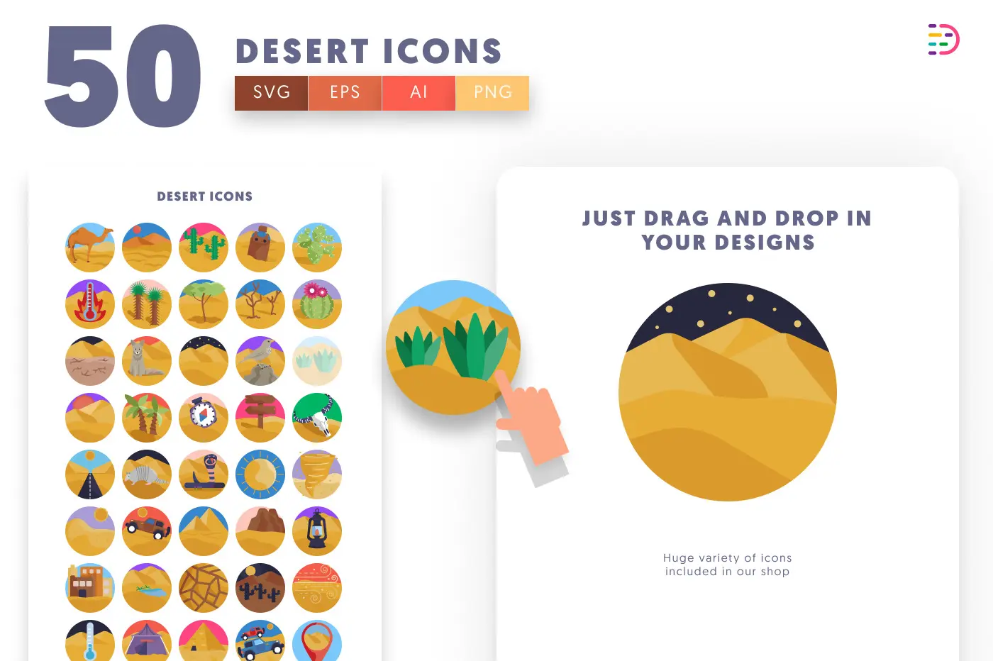 50 Desert Icons preview 1 – flat circle icons in PNG, SVG and EPS