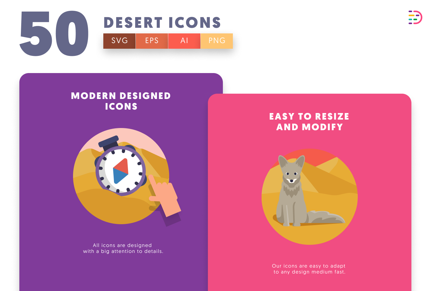 50 Desert Icons cover – flat circle icons in PNG, SVG and EPS