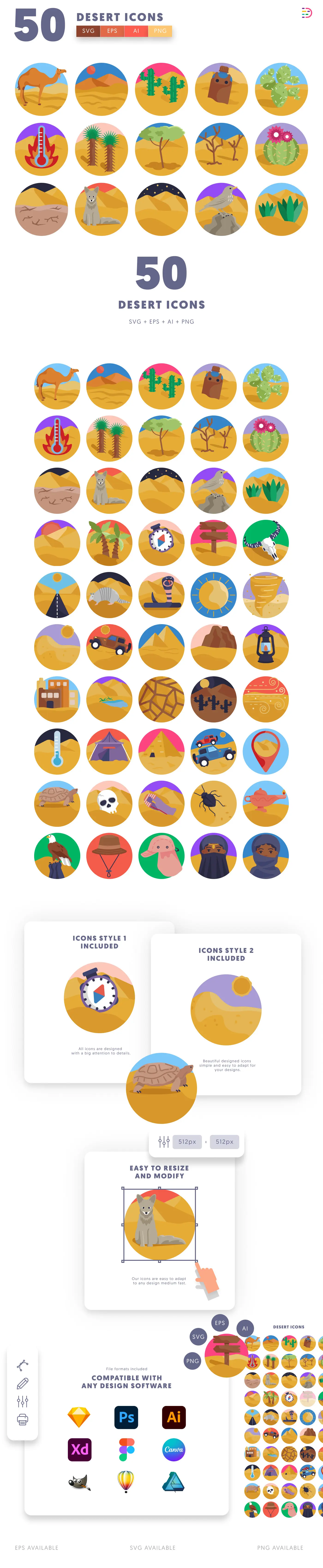 50 Desert Icons cover – flat circle icons in PNG, SVG and EPS