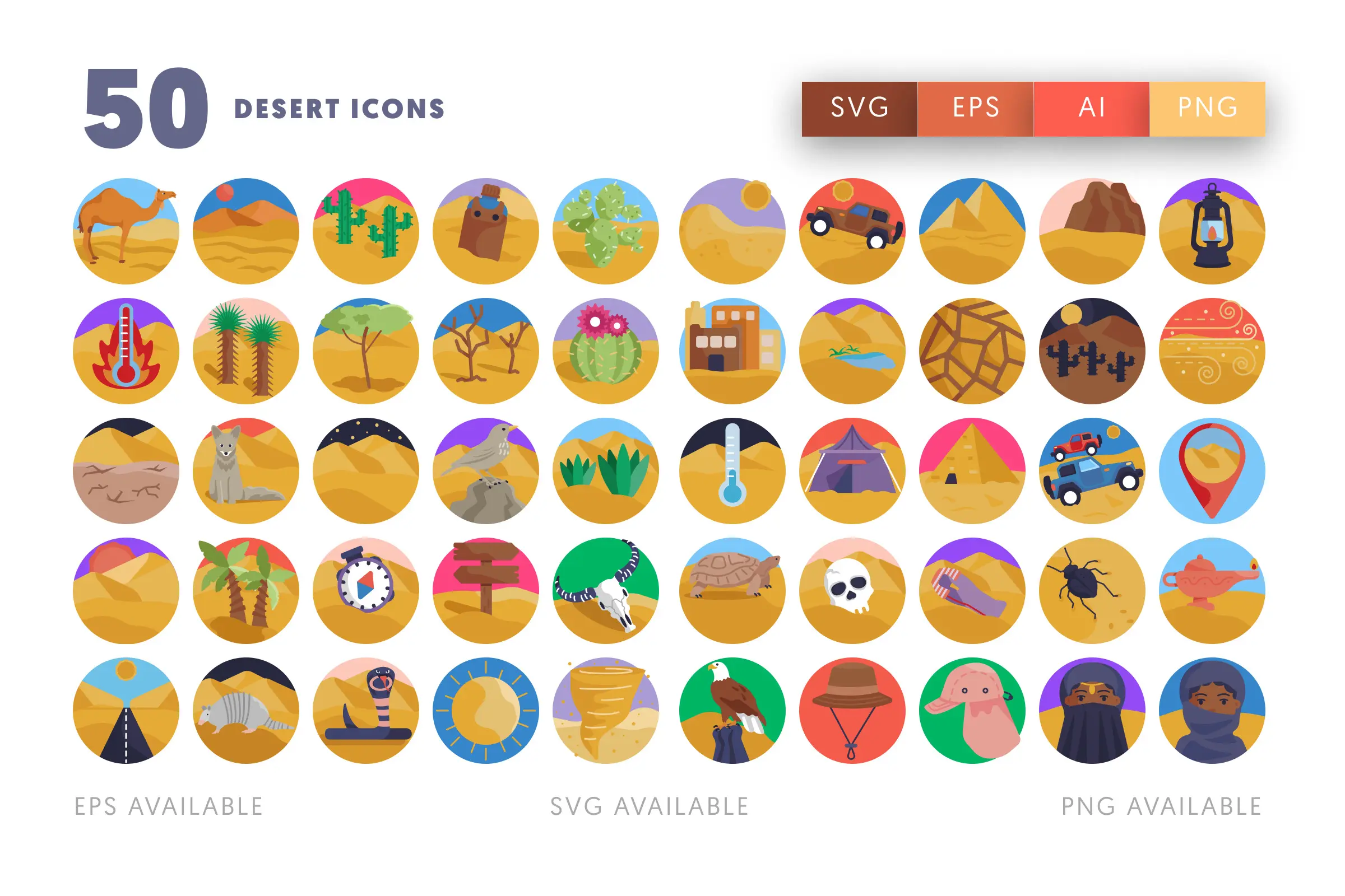 50 Desert Icons – flat circle icon set